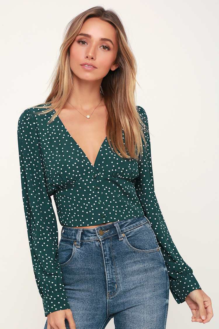 Love Always Forest Green Polka Dot Long Sleeve Crop Top