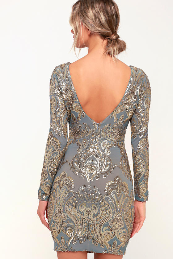 lola light blue and gold sequin long sleeve bodycon dress