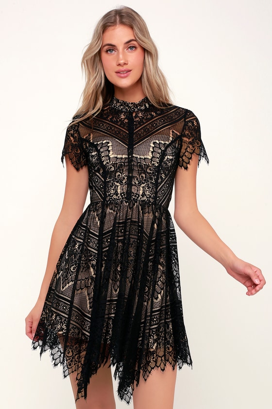 Ryse Katie - Black and Nude Dress - Lace Skater Dress