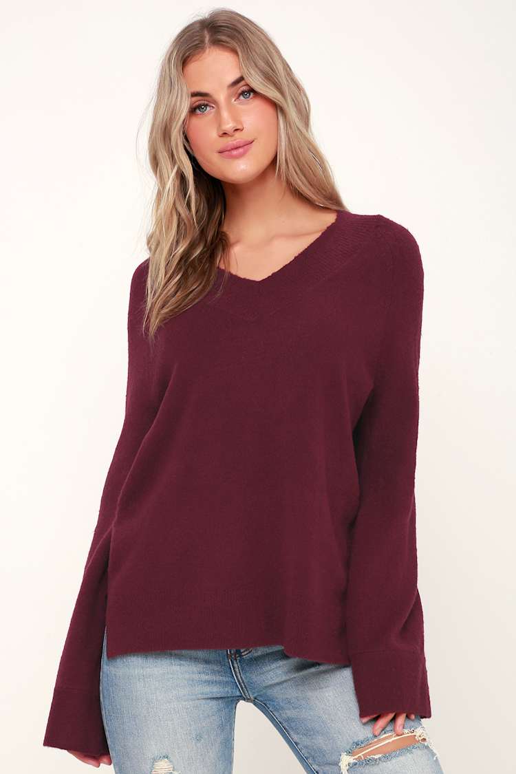 V-Neck Trumpet Sleeve Sweater