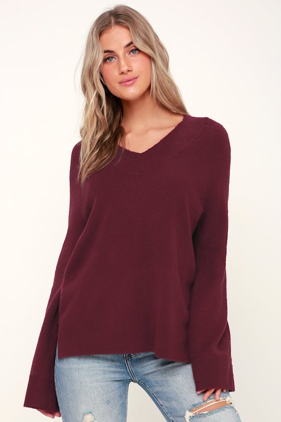 Olive + Oak Aliza Sweater Burgundy Sweater VNeck Sweater Lulus