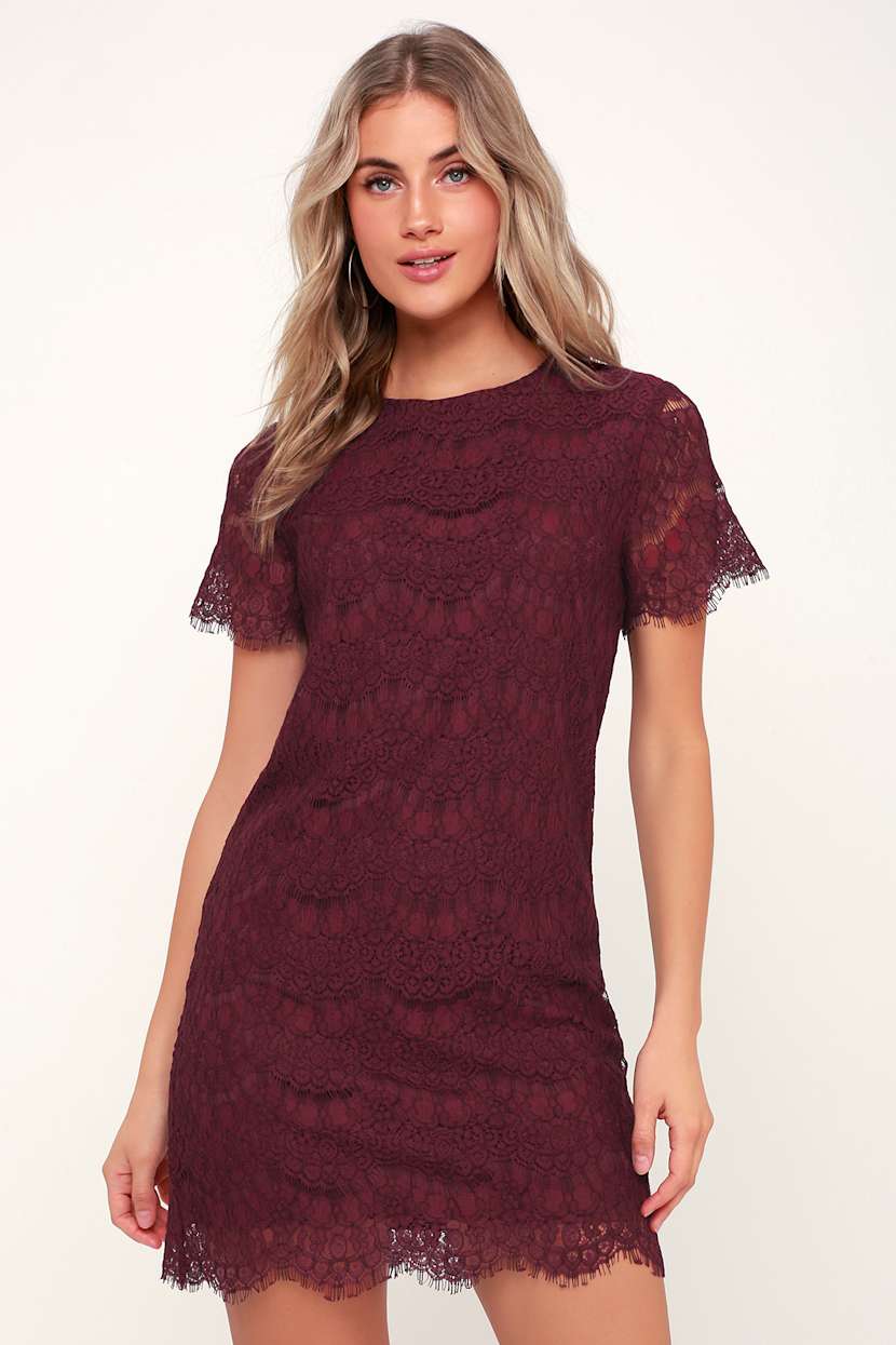 Take Me to Brunch Burgundy Lace Shift Dress
