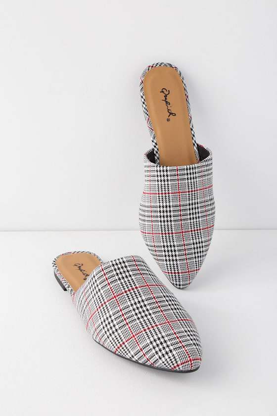 Penelope Black and Red Plaid Pointed Toe Mules 4