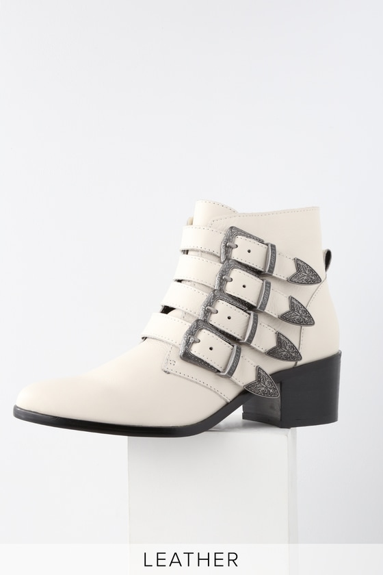 Billey White Leather Belted Ankle Booties