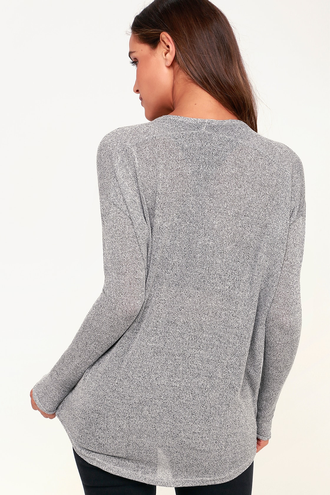 Bevin Heather Grey Knit Long Sleeve V-Neck Sweater Top
