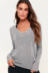 Bevin Heather Grey Knit Long Sleeve V-Neck Sweater Top