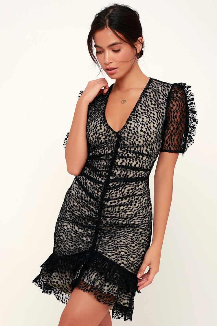 knee length dresses for ladies Black Lace Contrast Ruched Front Bodycon Midi Dress – AX Paris US