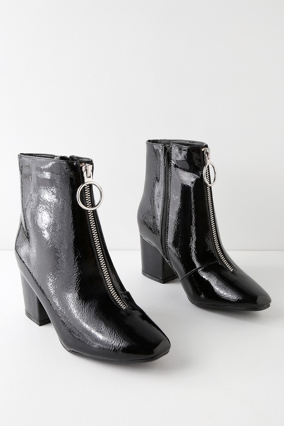 black patent zip front boots