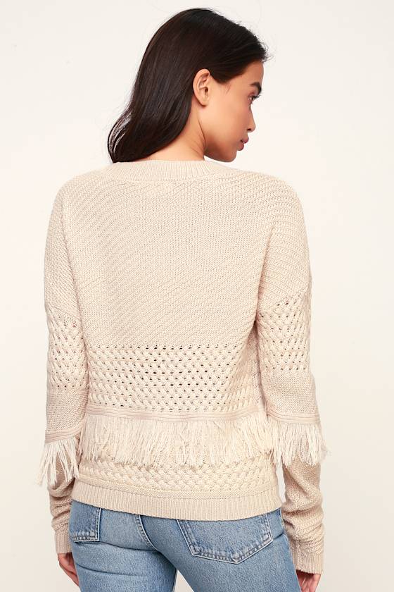 Mix it Up Beige Knit Fringe Sweater 1