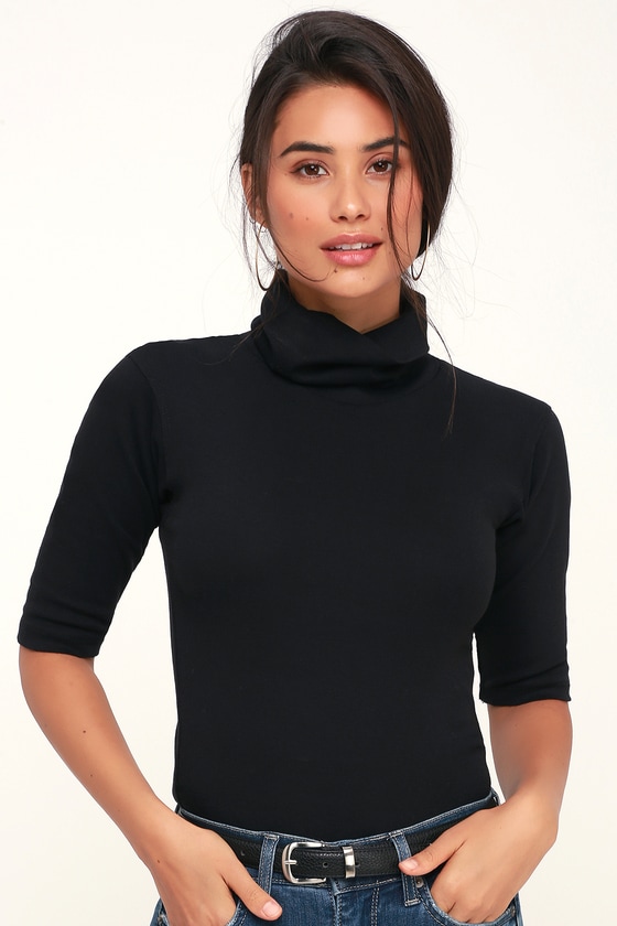 Free People Sunshine - Black Top - Half Sleeve Turtleneck Top - Lulus