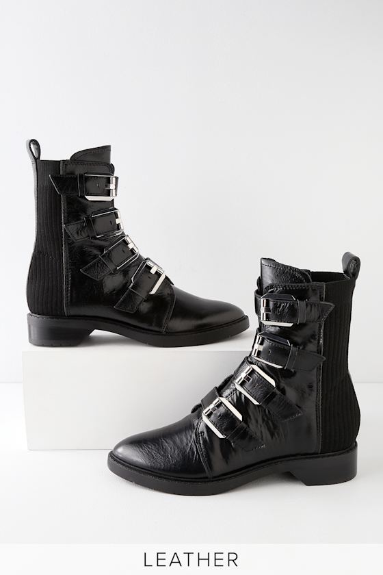 Gaven Black Leather Belted Mid-Calf Boots 1