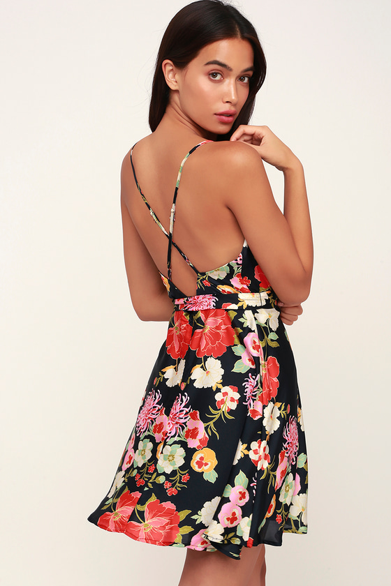 Cute Black Floral Print Dress - Satin Dress - Surplice Dress - Lulus