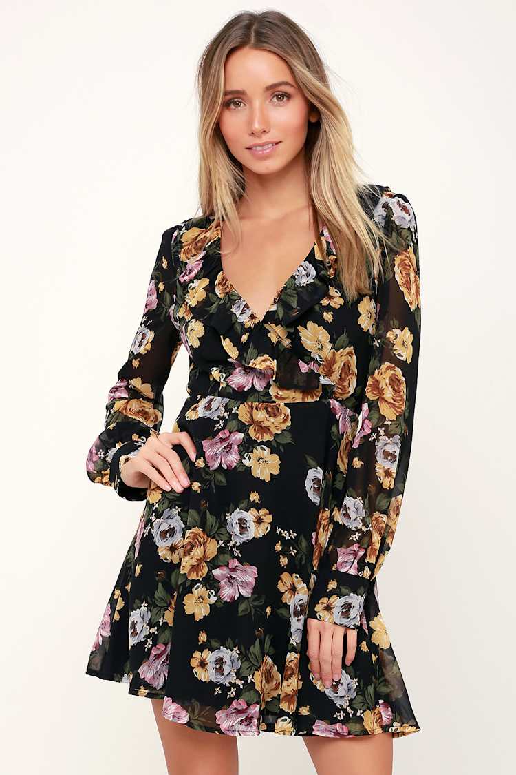 Chic Long Sleeve Dress - Black Floral Dress - Ruffled Dress - Lulus