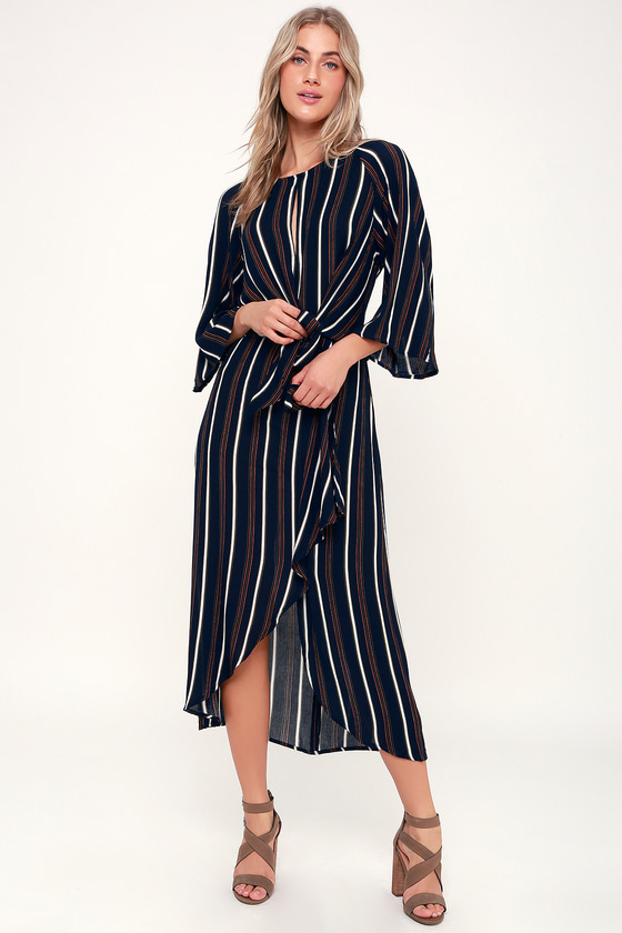 Cute Navy Blue Multi Striped Dress - Midi Dress - Tie-Front Dress - Lulus