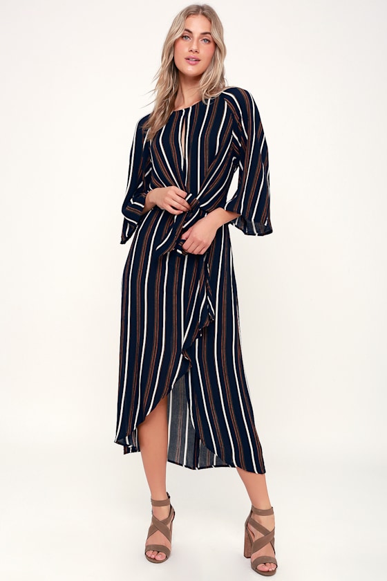 Brightside Navy Blue Multi Striped Tie-Front Midi Dress 4