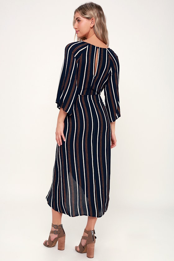 Brightside Navy Blue Multi Striped Tie-Front Midi Dress 7