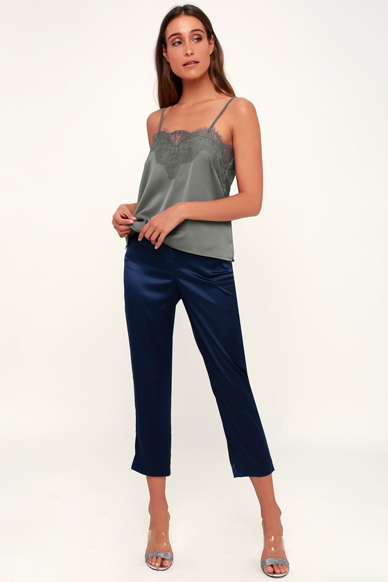 Cute Grey Lace Top - Black Satin Top - Cami Top - Grey Top