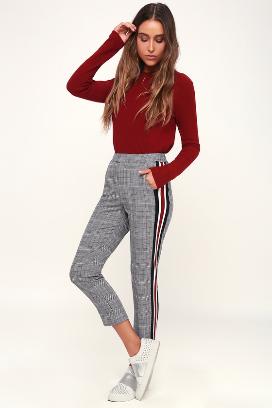 plaid pants with red stripe