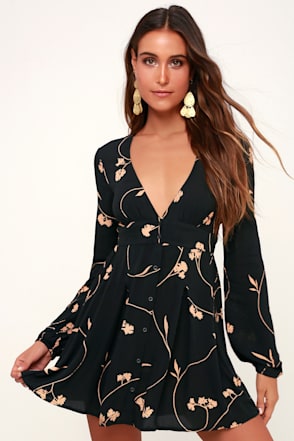 Billabong Your Love Black Floral Dress Button-Up Skater Dress