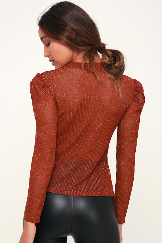 Confetti Fete Rust Orange Sheer Long Sleeve Mock Neck Top 3