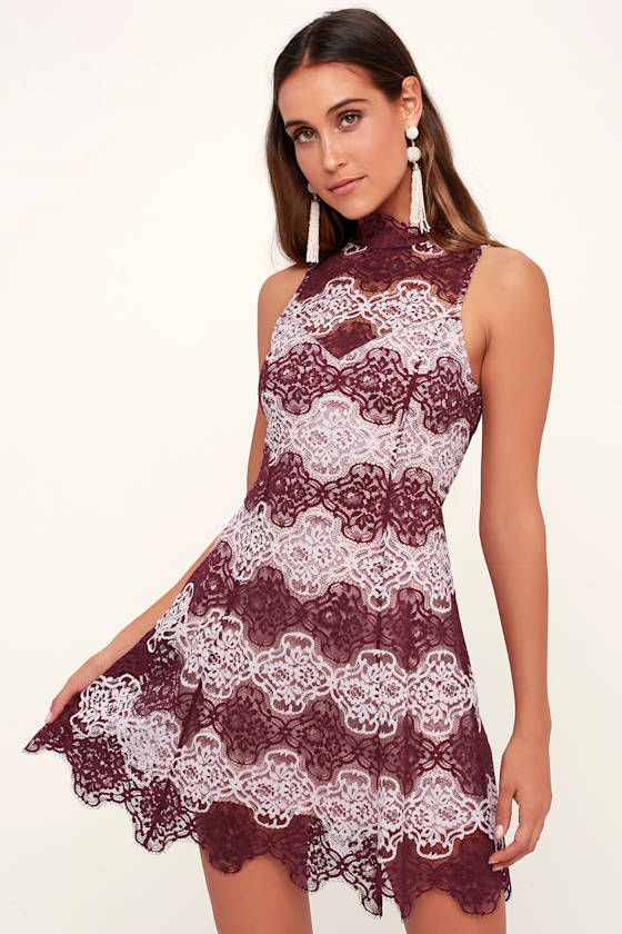 Contessa Burgundy and Lavender Lace Skater Dress