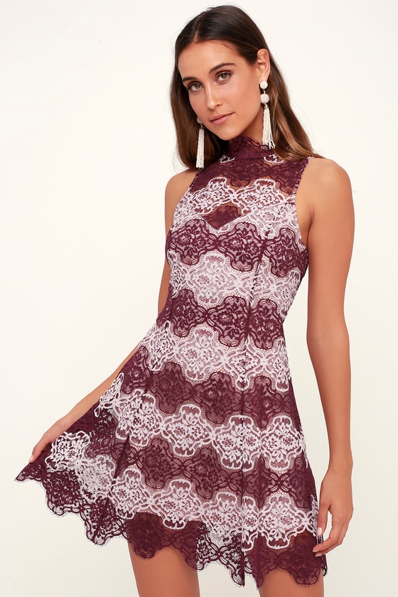 Lovely Burgundy and Lavender Lace Dress - Lace Skater Dress - Lulus