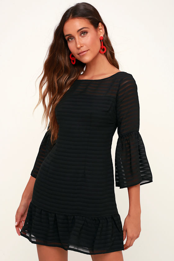 Night Vision Black Striped Flounce Sleeve Dress 3