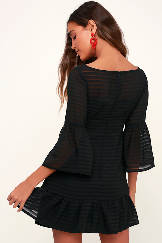 Night Vision Black Striped Flounce Sleeve Dress 5