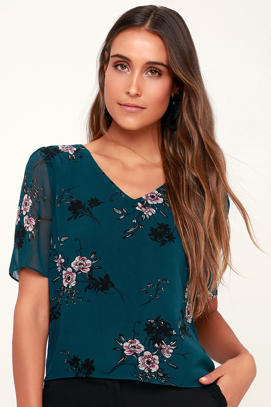 Cute Floral Top - Teal Green Floral Top - Short Sleeve Top - Lulus