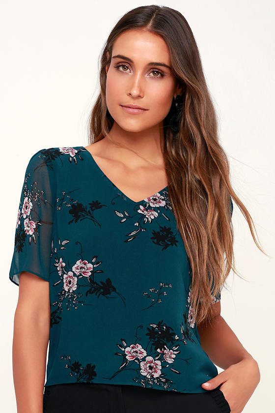 Cute Floral Top Teal Green Floral Top Short Sleeve Top Lulus