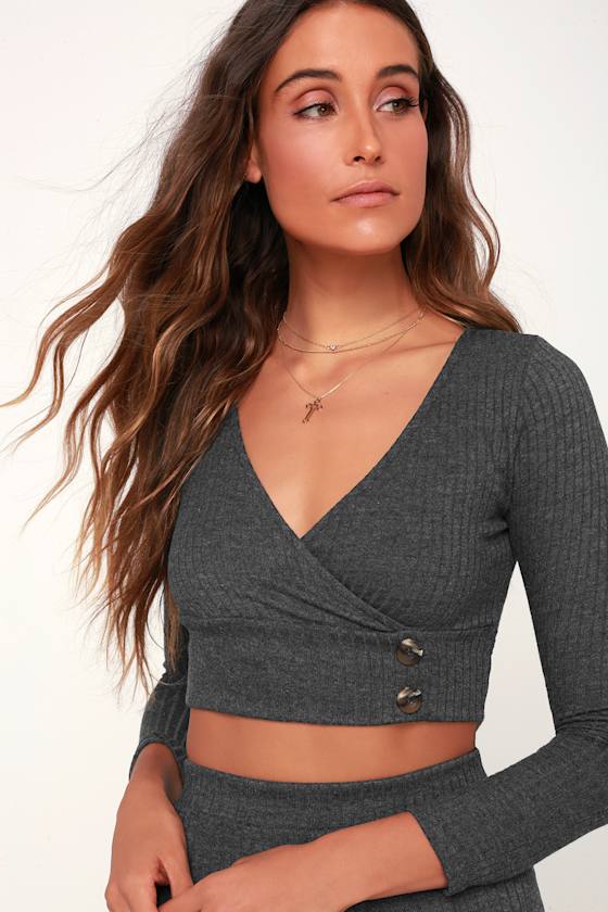 Cute Charcoal Grey Top Ribbed Knit Crop Top Long Sleeve Top Lulus