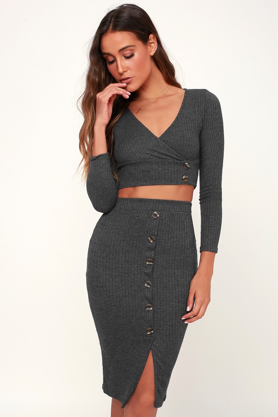 Chic Charcoal  Grey  Skirt  Ribbed Knit Skirt  Pencil 