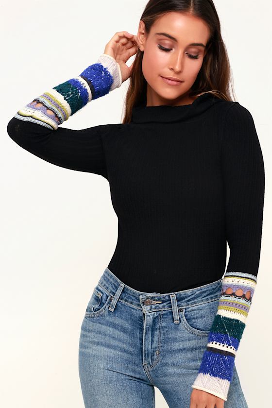 Mixed Up Cuff Black Thermal Long Sleeve Top 2