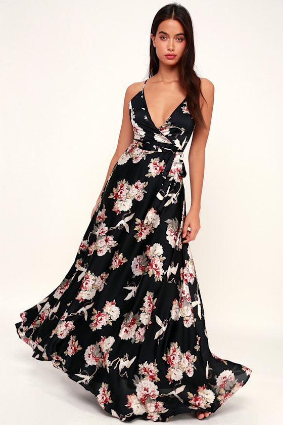 Lovely Black Print Dress Satin Print Dress Print Maxi Dress Lulus