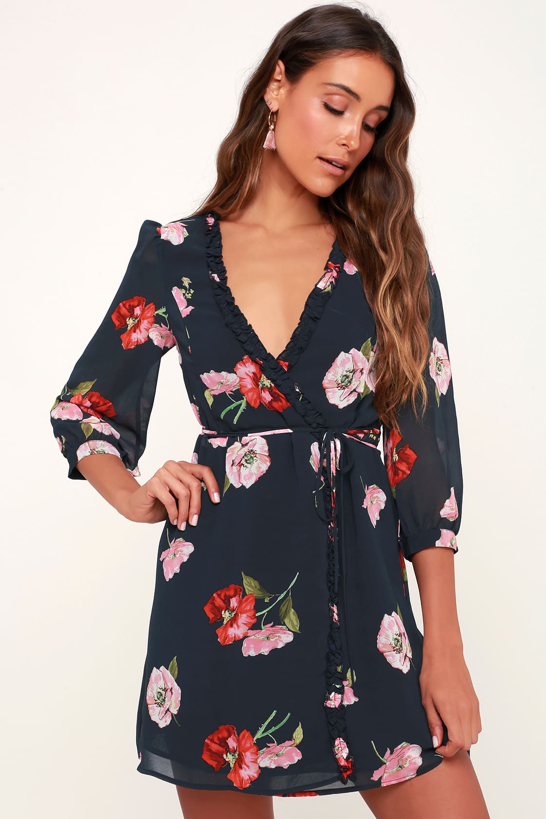 Cute Navy Blue Wrap Dress - Floral Print Dress - Short Wrap Dress - Lulus
