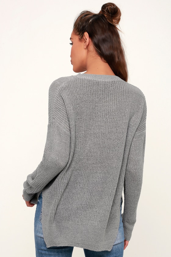 navy pants grey sweater