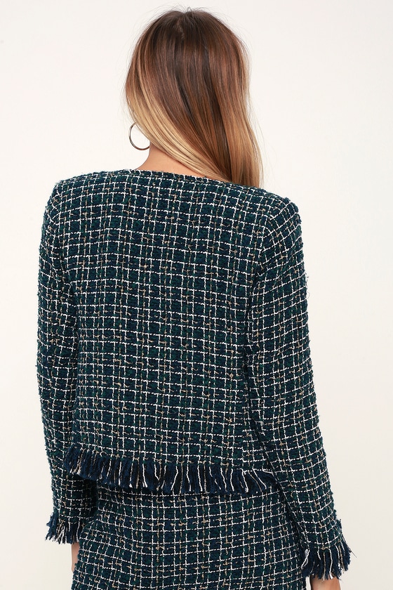 So Fancy Black and Green Plaid Tweed Fringe Cropped Jacket