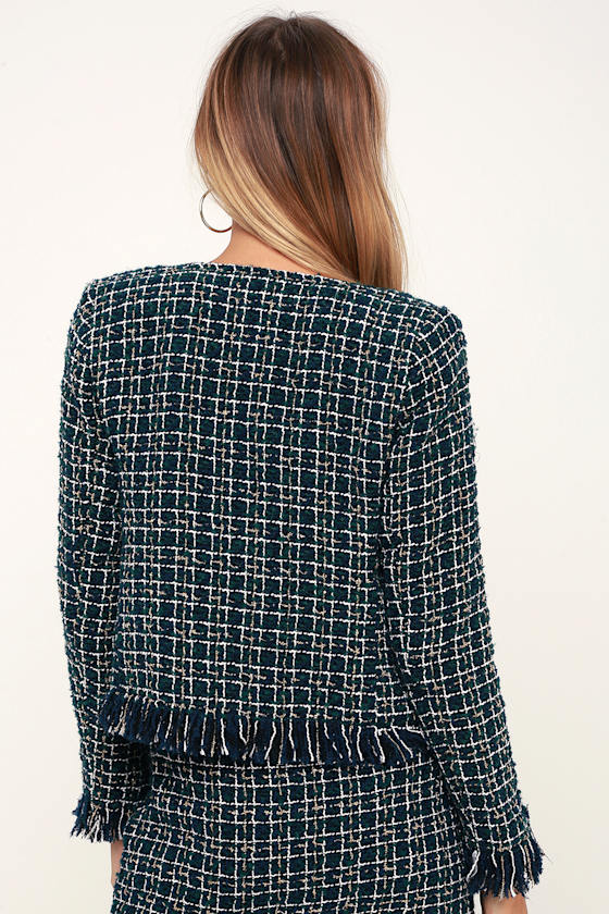 So Fancy Black and Green Plaid Tweed Fringe Cropped Jacket 6