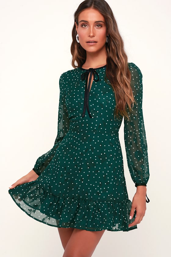Moon River Forest Green Polka Dot Dress Long Sleeve Dress Lulus