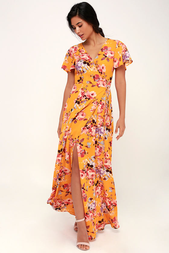 Lovely Yellow Floral Print Dress - Floral Wrap Dress - Maxi Dress - Lulus