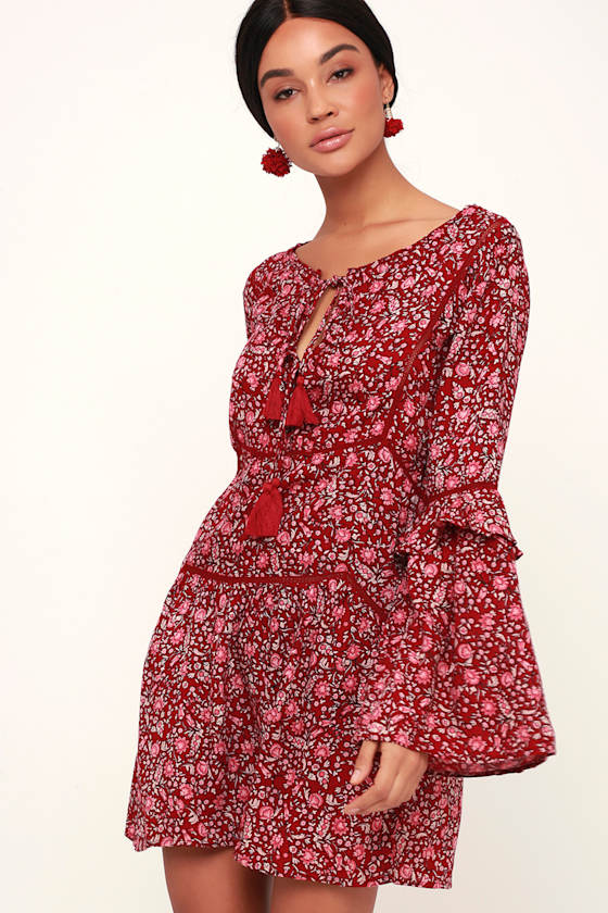 La Palma Wine Red Floral Print Long Sleeve Shift Dress 2