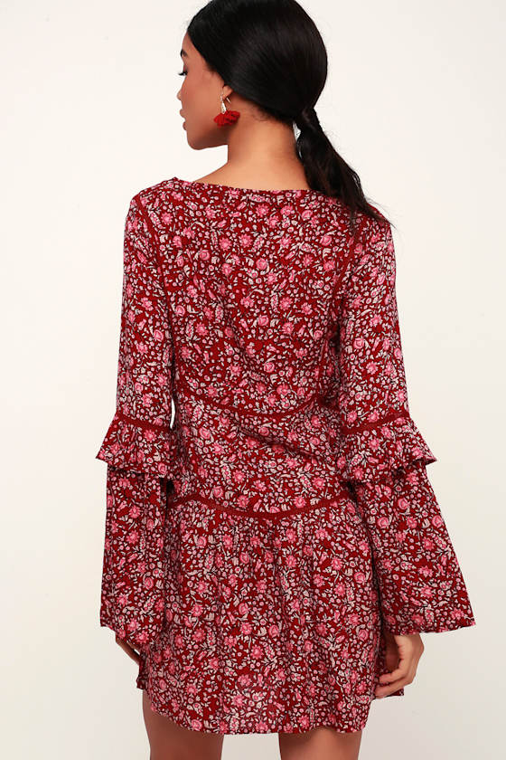 La Palma Wine Red Floral Print Long Sleeve Shift Dress 4