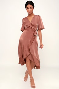 Wrapped Up In Love Mauve Satin Faux-Wrap Midi Dress