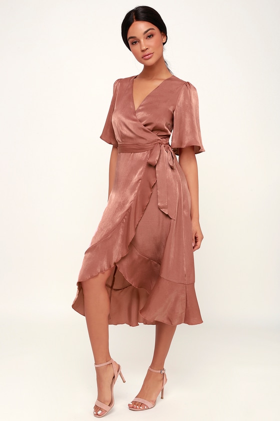 Wrapped Up In Love Mauve Satin Faux-Wrap Midi Dress