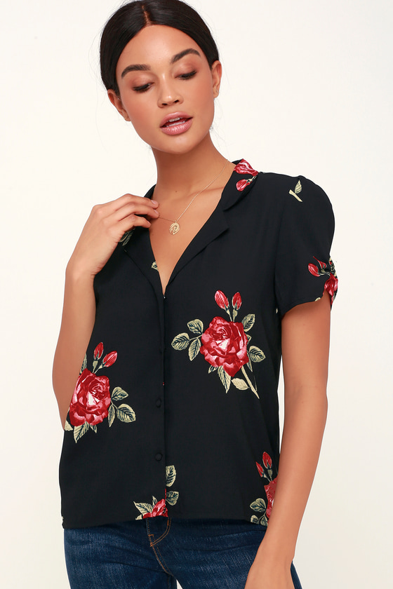 Amuse Society Coming Up Roses - Black Floral Print Button-Up Top - Lulus