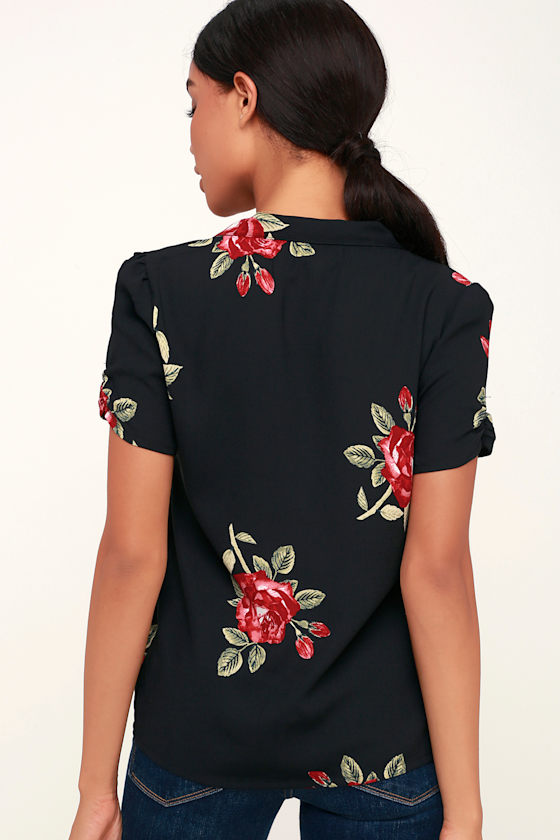 Amuse Society Coming Up Roses - Black Floral Print Button-Up Top - Lulus