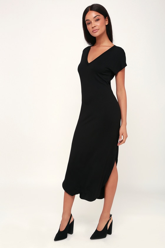 Cute Black Dress - T-Shirt Dress - Midi Dress - V-Neck Dress - Lulus