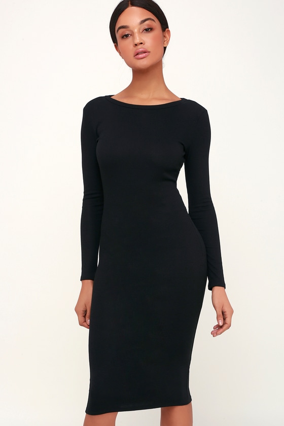 black long sleeve ribbed midi dress