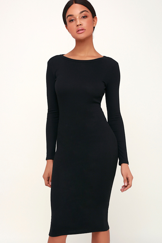Connelly Black Ribbed Long Sleeve Bodycon Midi Dress 1