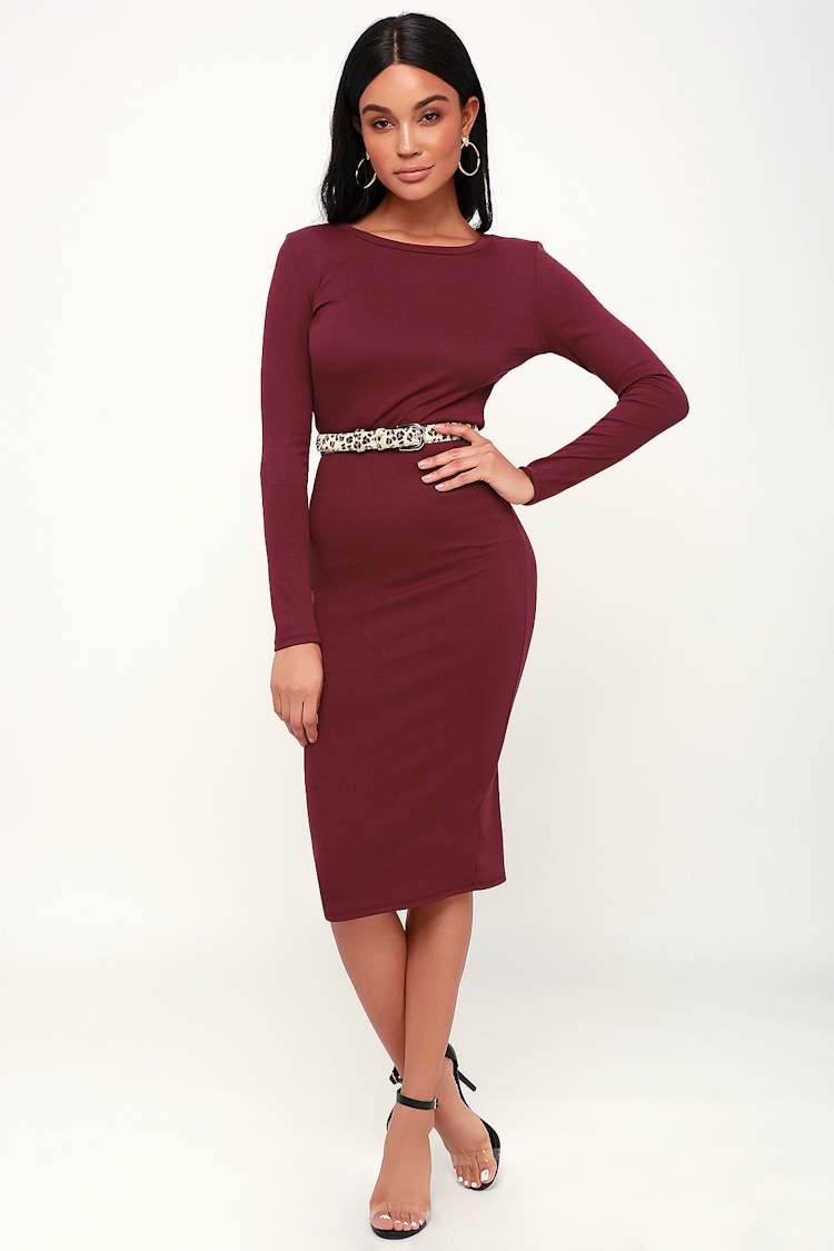 Long Sleeve Burgundy Ribbed Dress ASOS DESIGN Ribbed Long Flare